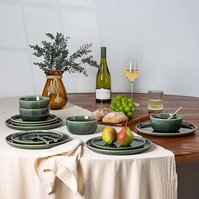 GBHOME Ceramic Dinnerware Sets for 8, 24 Pieces Stoneware Plates and Bowls Sets, Reactive Glaze Dishes -Scratch Resistant, Dishwasher&Microwave Safe, Earth Green