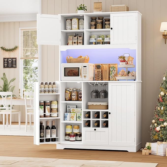 FINETONES 71" Pantry Cabinet with 7-Color LED Light and Charging Station, Kitchen Pantry Cabinet with Microwave Stand, Kitchen Hutch Food Storage Cabinet with Outlet and Wine Racks, White