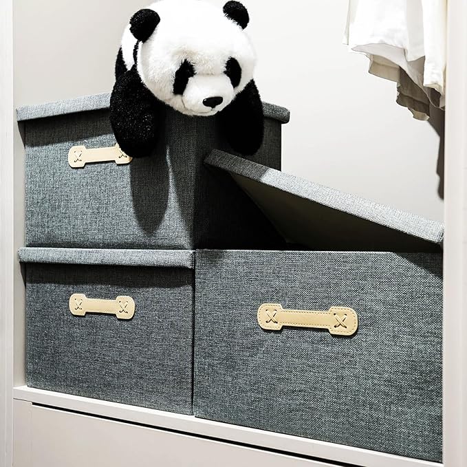 Enzk&Unity Decorative Storage Boxes with Lids, 3 Pack Grey Fabric Storage Bins with Handle, Foldbale and Stackable Storage Boxes for Shelf, Closet, Bedroom, Living Room