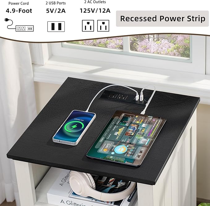 18" Farmhouse Night Stand with Charging Station, 2 Drawers End Table Dresser for Bedroom, White Wooden Nightstand, Bed Side Table with Open Shelf, Bedside Cabinet for Living Room, Closet