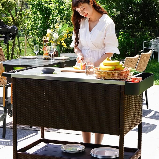 Grand patio Outdoor Wicker Bar Cart, Outdoor Bar Table with Stainless Steel Tabletop, Patio Kitchen Island Grill Cart with Storage Cabinet and 4 Hooks
