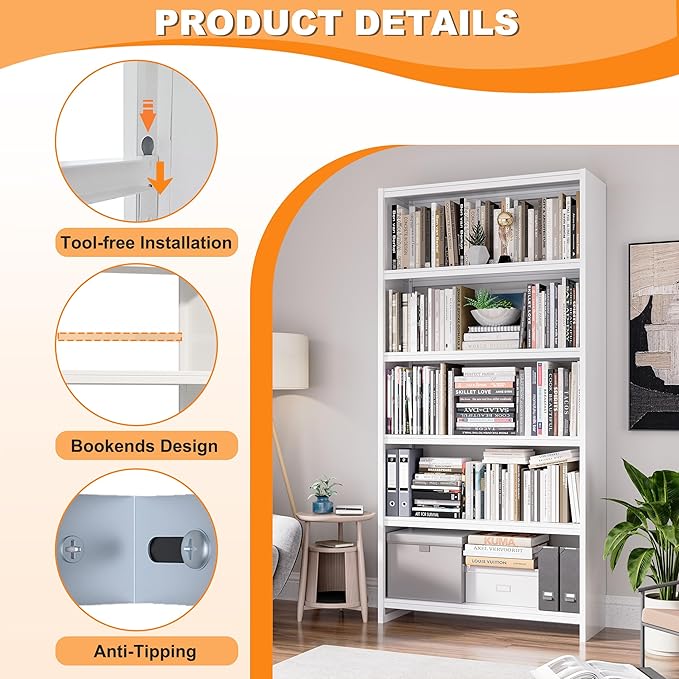 69.3" H Home Office Bookcase Shelf Storage,5 Tier Bookcase with Open Display Shelves,Industrial Wide Bookshelf with Metal Frame for Home Office, Living Room, Bed Room (34.1" W)