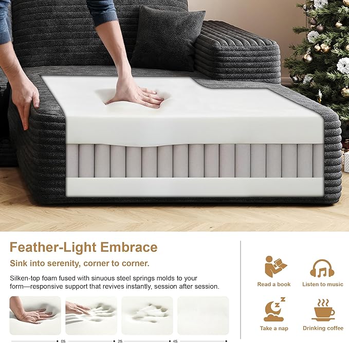 108" Sectional Couches for Living Room Modern Modular Sofa with L-Shape Couchs Upholstered Boneless Couch Deep Seat Sectional Couch with Chaise (Black, Right Facing Chaise+2Seaters)