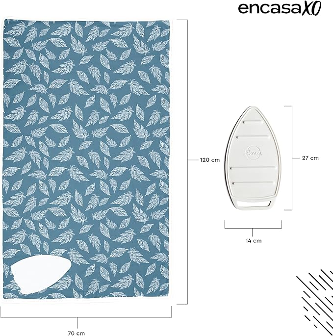 Encasa XO Ironing Mat/Pad (Large 48"x28") with 3mm Padding & Silicone Iron Rest for Steam Pressing on Tabletop or Bed - Heat Resistant, Portable, Quilting & Travel Blanket - Big Leaves Blue