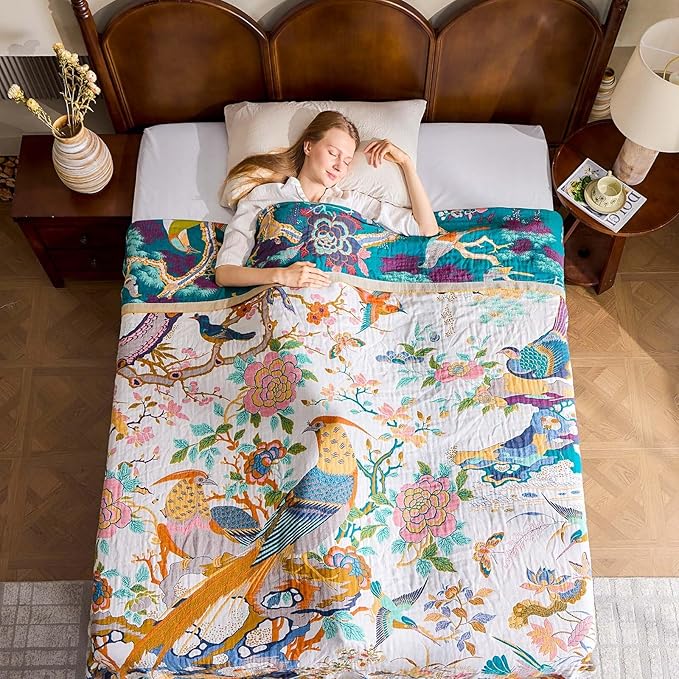 Fall Throw Blanket for Couch, Yellow Boho Decorative Throw Blanket, 100% Cotton Muslin Breathable Woven Farmhouse Blankets Quilt, 60"x80" Reversible Lightweight Blankets Bohemian Throw Quilt