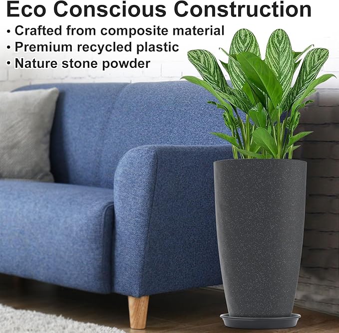 GameXcel Tall Flower Pot Indoor - Outdoor Plant Pot - Black Glossy Planter - Elegant Stone Imitation - 12" Diameter 21" Tall with Drainage Holes and Saucer 2Pack