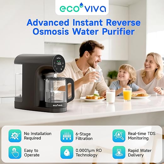 Ecoviva Countertop Reverse Osmosis Water Filter, 6 Stage RO Water Filtration System with Glass Carafe, TDS Displayr, 3:1 Pure to Drain, Portable No Installation Water Purifier Black