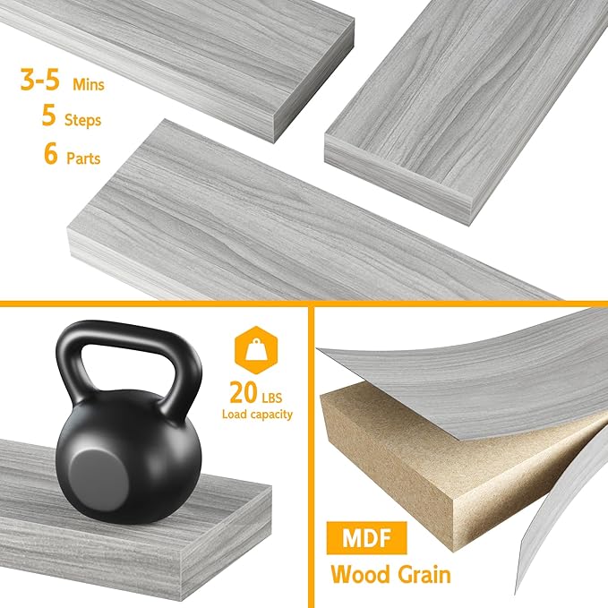 BAMEOS Floating Shelves,40 in W x 8in D Wall Mounted Wooden Shelves with Invisible Brackets Set of 2, Hanging Wall Shelves Decoration for Bedroom, Bathroom, Living Room and Kitchen