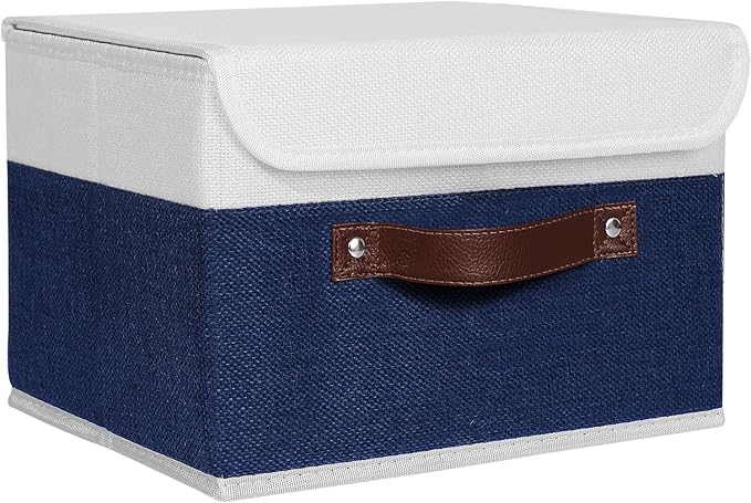 ANMINY Storage Boxes with Lids Washable Decorative Storage Bins Basket with PU Leather Handle Foldable Linen Fabric Storage Cubes Containers for Home Closet Organizer - Deep Blue White, Small Size