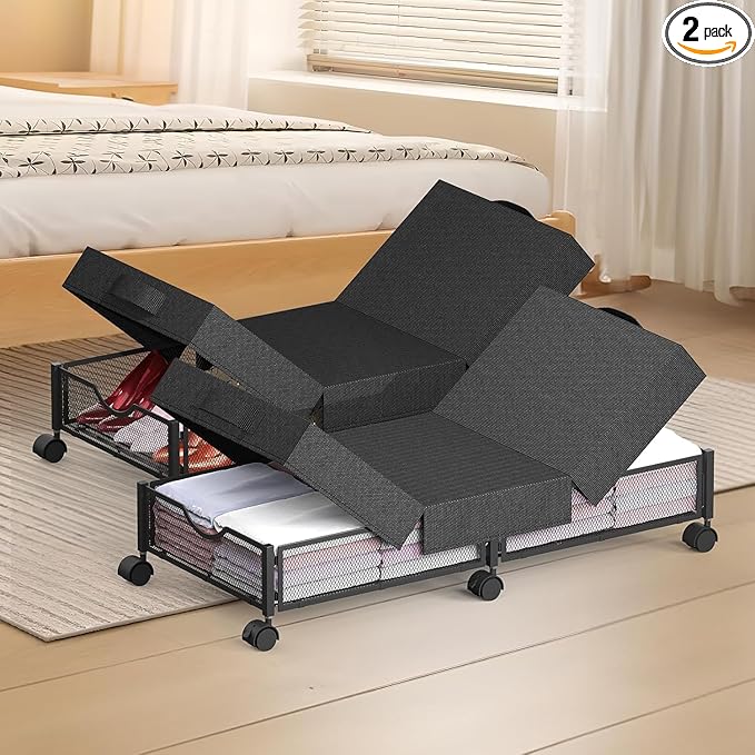 2 Pack Under Bed Storage with Wheels, 36" Lengthen Underbed Storage Containers with Lids, Large Capacity Under Bed Shoe Storage, Metal Clothes Organizer, Storage Box for Clothing Shoes Blankets Sheet