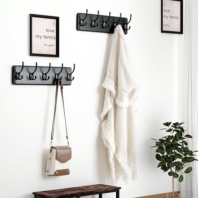 Dseap Wall Mounted Coat Rack: Patented, Heavy-Duty, 17.4" Long 5-Double-Hooks Wooden Hanger Rail for Winter Coats, Hats, Jackets, Clothing - Black, Pack of 2