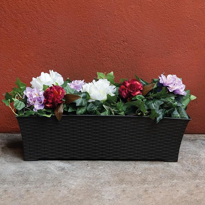Elly Décor Set of 2 24x8 Rectangular Modern, Resistant and Self Watering Planter with Rattan-Like Finish, 24", Gray