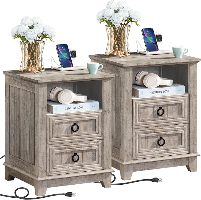 18" Farmhouse Night Stands Set of 2 with Charging Station, 2 Drawers End Table Dresser for Bedroom, Oak Wooden Nightstand, Bed Side Table with Open Shelf, Bedside Cabinet for Living Room