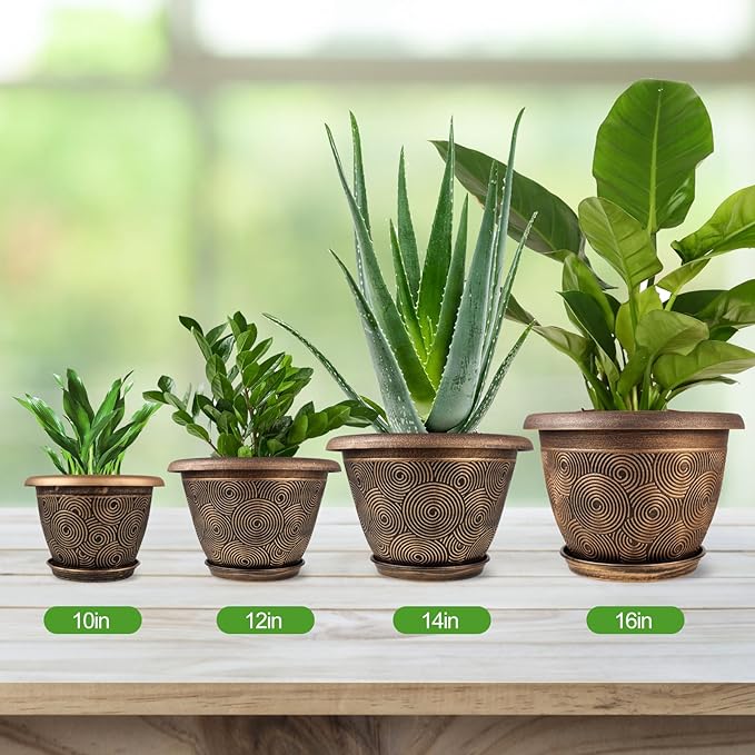 12 Inch Large Planter Pot for Plants Indoor Outdoor, 4 Pack Plastic Flower Pots with Drainage Hole & Tray, Modern Decorative Garden Pot with Saucer, Plant Container for House