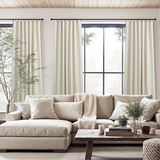 Country Farmhouse Style 94 Inch Curtains for Living Room Drape Back Tab Beige Linen Blackout Earthy Curtain Noise Reduction Light Blocking Cooling Window Treatment 2 Panel Burg Sunroom Bedroom 94 Long