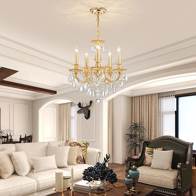 French K9 Crystal Maria Theresa Chandeliers, Luxury Vintage Pendant Light Fixture for Dining Room, Living Room, D17.7*H25~72 inch (Adjustable), Clear Crystal & Brass Finish Frame