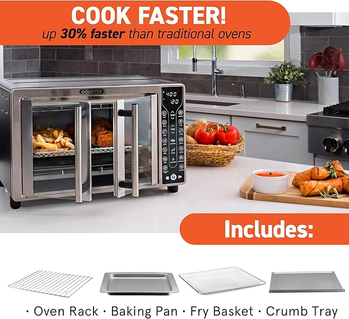 Gourmia Toaster Oven Air Fryer Combo 17 cooking presets 1700W french door digital air fryer oven 24L capacity accessories, convection rack, baking pan tray recipe book GTF7655,Large,Stainless Steel