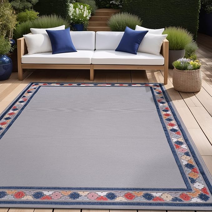Beverly Rug Outdoor Rug 6x9 Modern Bordered Area Rugs for Indoor and Outdoor Patio Easy to Clean Non Shedding Living Room Porch Garden Washable Outside Carpet (6 x 9 Gray)