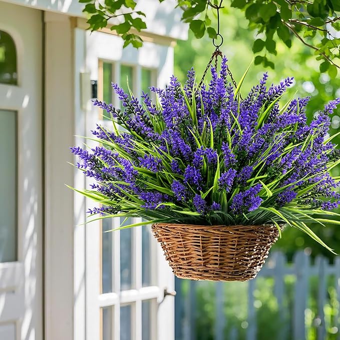Geegoods 48 Bundles Artificial Plants Flowers Outdoor – Faux Lavender Flowers with Monkey Grass UV Resistant Plastic Faux Plants for Garden Porch Window Patio Hanging Planter Home Decor