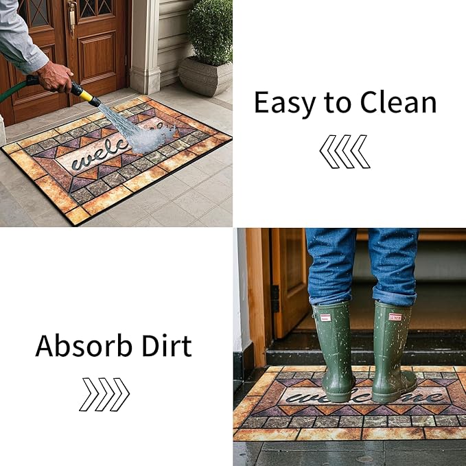 Door Mat Welcome Mat, Heavy Duty Door Mat 17.7 x 29.5 Inch Front Door Mat Rug Doormat for Outdoor Entrance Home Non-Slip Rubber Rug for Front Door, Outside, Entryway, Patio (Brown Welcome)
