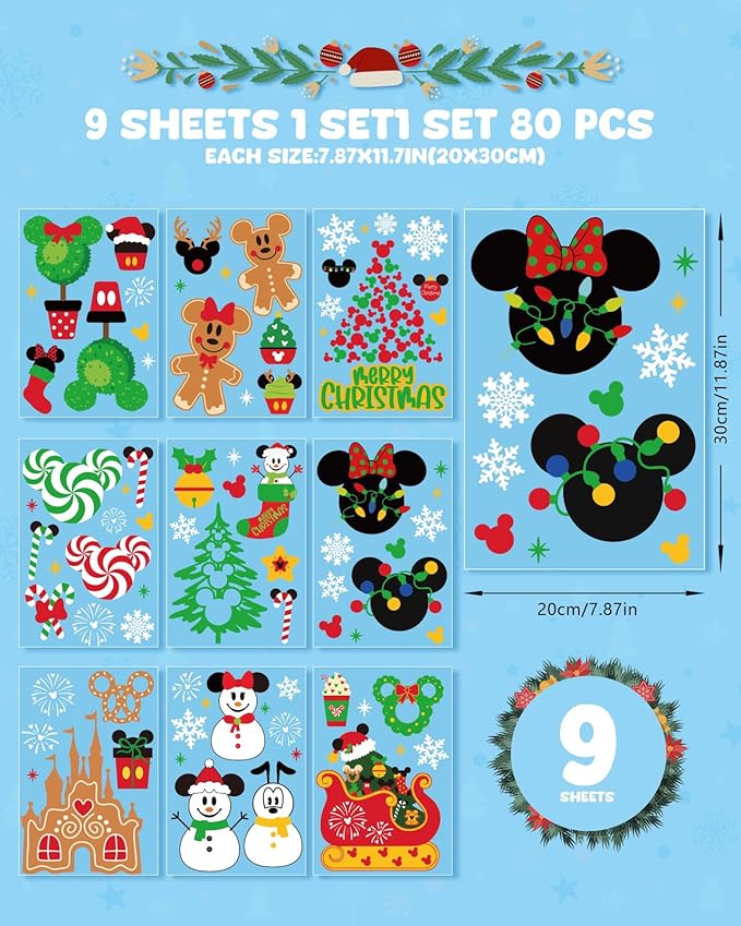 Christmas Window Clings Decorations - Cute Funny Double-Sided Static Stickers for Glass Windows and Doors, Perfect Decorations, with Castle Pattern, Reusable 9 Sheets