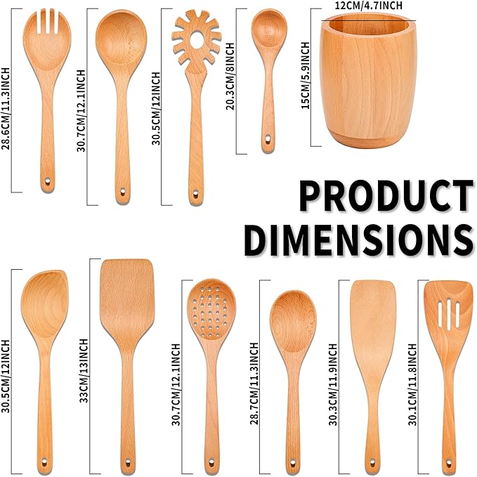 11 PCS WOSPONFAN Kitchen Utensils Set - Wooden Spoons for Cooking, Natural Beech Wood Wooden Utensils - Includes Wooden Spoons, Spatula Set, Slotted Spoon - Handmade Wooden Spoon Set