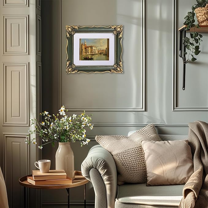 8x10 Vintage Picture Frame with Embossed Flower Design, Green Ornate Frame for 8x10 or 5x7 Pictures with White Mat, Hand-Crafted Resin Antique Frames for Tabletop & Wall Hanging, Home Decor (Green )