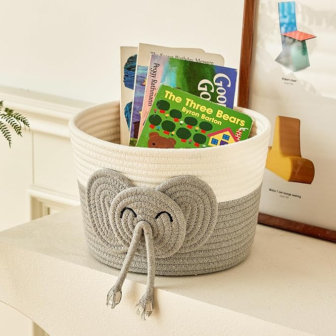 Adorable Small Elephant Cotton Rope Basket - Gift Empty Baskets - Toy Storage Basket, Woven Basket for Baby Essentials, Decorative Woven Basket for Nurseries and Playrooms (11"x7")