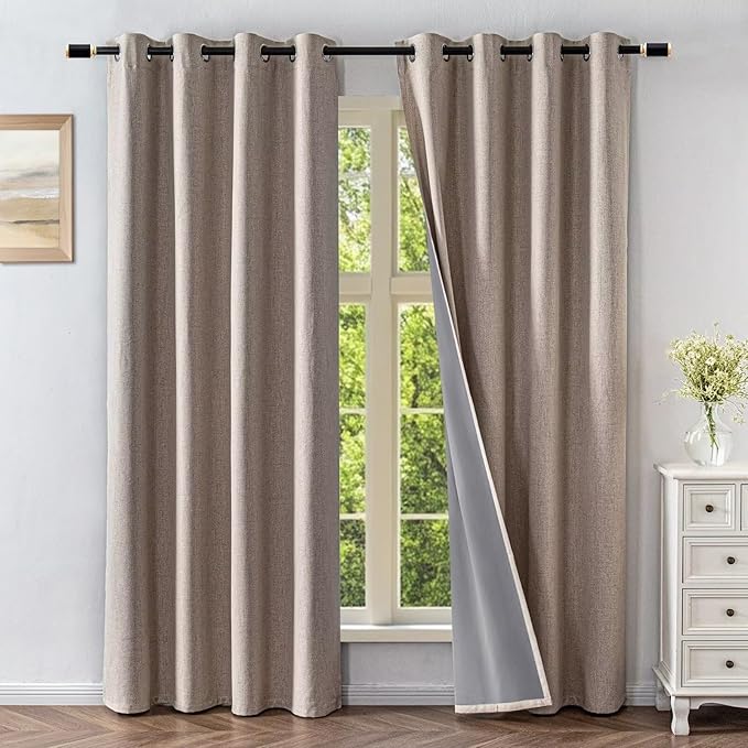 Blackout Curtains 96 Inches Long 2 Panels Set, 100% Black Out Textured Thermal Curtains, Grommet Privacy Light Blocking Drapes for Living Room Bedroom Luxury Decor(52W × 96L inch, Beige)