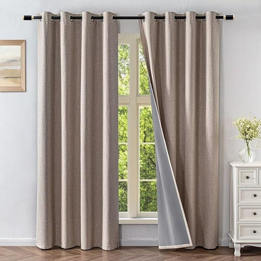 Blackout Curtains 96 Inches Long 2 Panels Set, 100% Black Out Textured Thermal Curtains, Grommet Privacy Light Blocking Drapes for Living Room Bedroom Luxury Decor(52W × 96L inch, Beige)