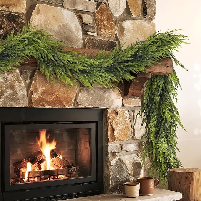 Artificial Norfolk Pine Garland - Faux Christmas Garland Fake Green Garland for Fireplace,Table, Stairs, Mantle, Window,Indoor Outdoor,Home,Holiday Decor (1 PCS,9 FT)