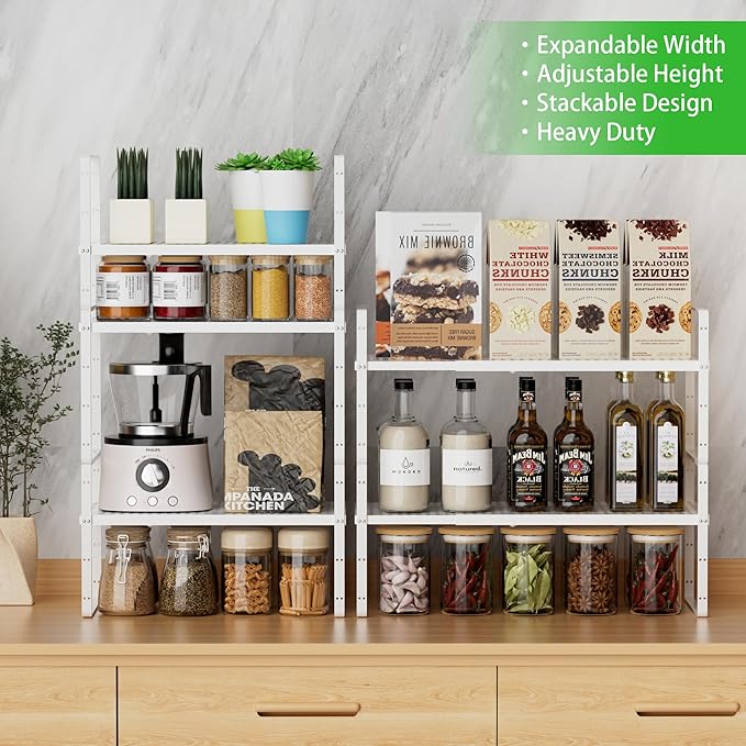 Expandable Cabinet Storage Shelf Stackable Organizer Rack for Kitchen Bathroom Pantry Spice Cupboard Coffee Countertop Home Office Desk Heavy Duty Nonslip White Large 2 Packs