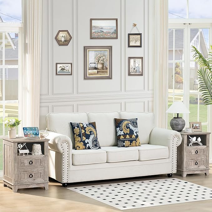 18" Farmhouse Night Stand with Charging Station, 2 Drawers End Table Dresser for Bedroom, Oak Wooden Nightstand, Bed Side Table with Open Shelf, Bedside Cabinet for Living Room, Closet