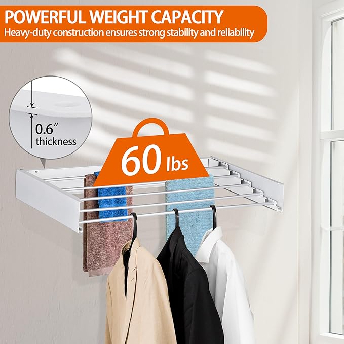 FOCHIER F Laundry Drying Rack Wall Mounted Clothes Drying Rack Collapsible with 5 Aluminum Rods and Drilling Template Long Screwdriver Bit 60 lbs Capacity (White, 31.5")
