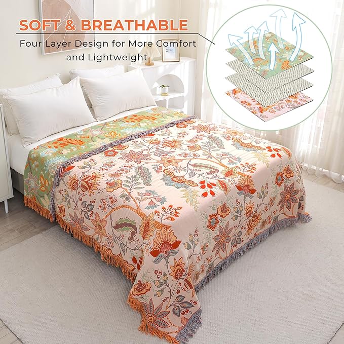 Boho Fall Throw Blanket for Bed，100% Ultra Cotton Soft Breathable Bed Throw Floral Printed Farmhouse Decor Rustic Bed Throws for Couch Sofa Quilt 90" x 98"-Orange& Sage Green