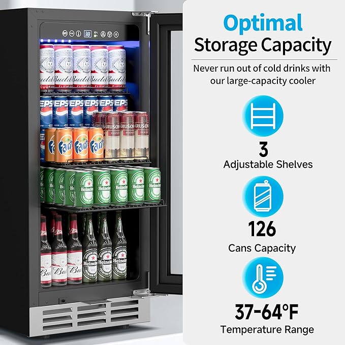 15 Inch Beverage Refrigerator Under Counter - 126 Cans Beverage Fridge with Glass Door for Beer Wine Soda - Built-in or Freestanding Wine Cooler with Safety Lock for Home Kitchen Bar