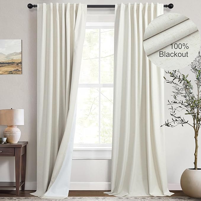 Custom 105 Inch Curtains for Nursery Cute Aesthetic Extra Long 100 Percent Blackout Lightweight Kids Curtains 2 Panel Set Natural Linen Cotton Cream Drapes Heavy Duty Thermal Insulated Baby Room Burgs