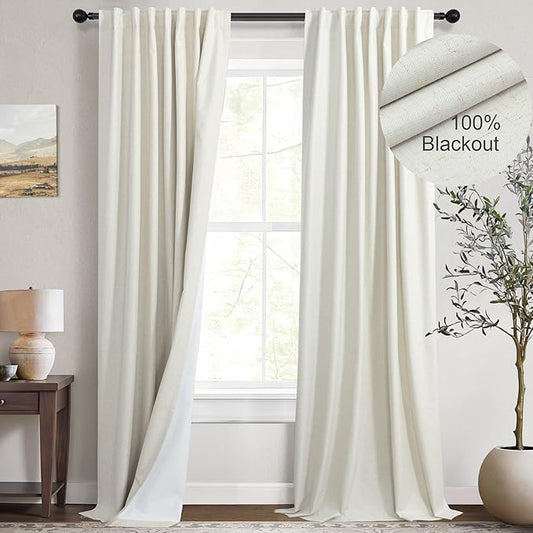 Cream Blackout Curtains 94 Inches Long 2 Panel Set Patio Drapes for Insulated Sliding Glass Doors Cute Curtain for Nursery Bedroom Aesthetic Back Tab Rod Pocket Thick Linen Cotton Cottage 52x94 Length