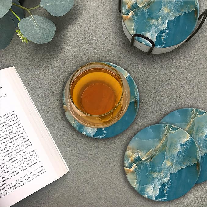 Emerson Coasters for Drinks Absorbent – Natural Stone Drink Coasters Set with Holder, Coasters for Coffee Table, Wooden Tabletop Protection Marble Style – 100% Heavy Duty Set of 6 (Seaside)