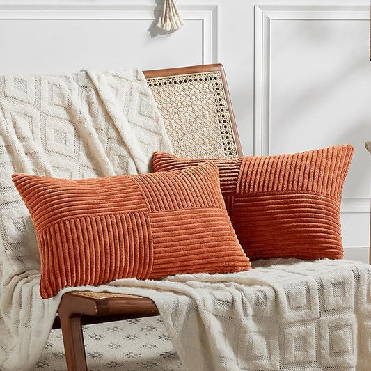 Fancy Homi Set of 2 Burnt Orange Long Lumbar Decorative Throw Pillow Covers 16x24 Inch for Living Room Couch Bed, Boho Farmhouse Fall Home Decor, Soft Corduroy Corss Textured Cushion Case 40x60 cm