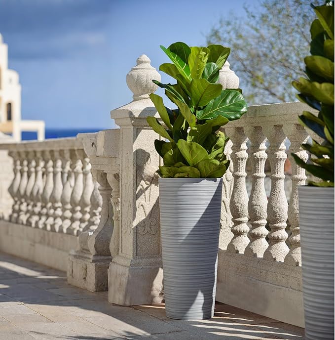 GreenShip 27" Tall Planters, Set of 2 – Black Outdoor Planter for Front Porch & Tall Plants, Weather-Resistant, with Drainage Hole & Rubber Plug (No Plants Included) (Light Gray)