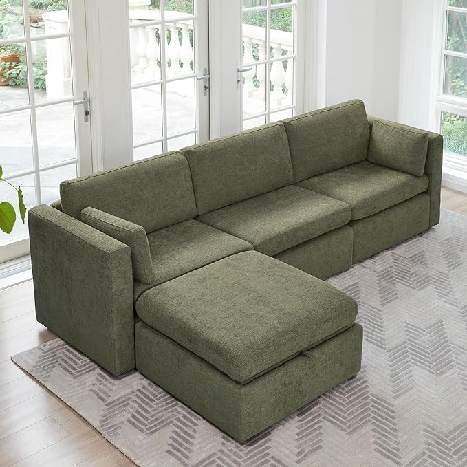 CHITA Oversized Modular Sectional Sofa, FSC Certified L Shaped Couch Reversible Chaise, Modular Sectional Couch for Living Room,112 inch Width, 4 Seat Modular Sofa with Storage Ottoman, Moss Green