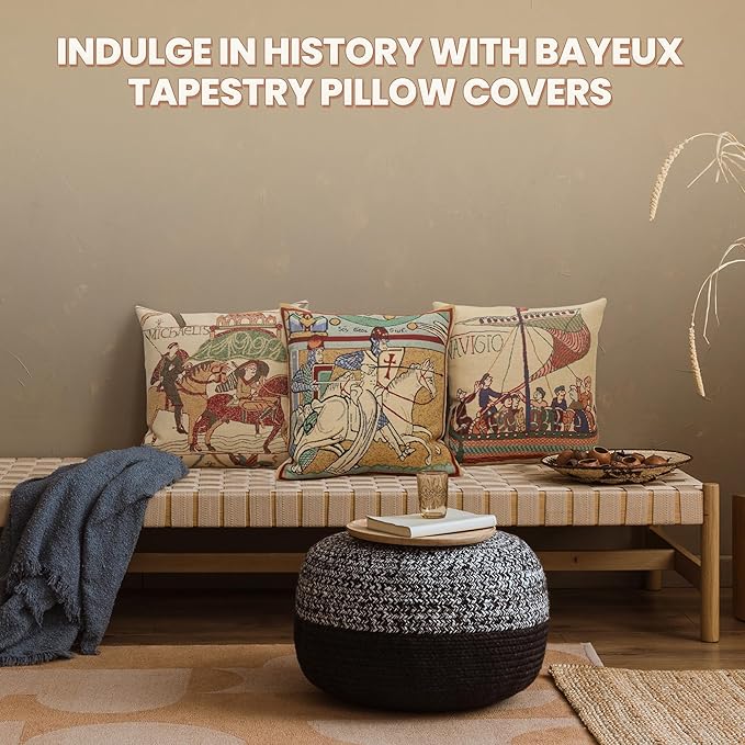 Charlotte Home Furnishings Bayeux Mont St. Michel Throw Pillow Cover 16" x 16" – Medieval Tapestry Cushion Case for Sofa, Couch, & Bed | Cotton Jacquard Woven in Europe | Insert Not Included