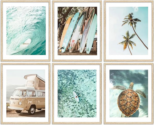 EVPYXFUT Set of 6 Tropical Beach Canvas Wall Art Surf Poster Summer Ocean Coastal Pictures Turtle Print Palm Tree Surfboard Gallery Paintings Nautical Bus Wall Decor for Bedroom Bathroom Unframed