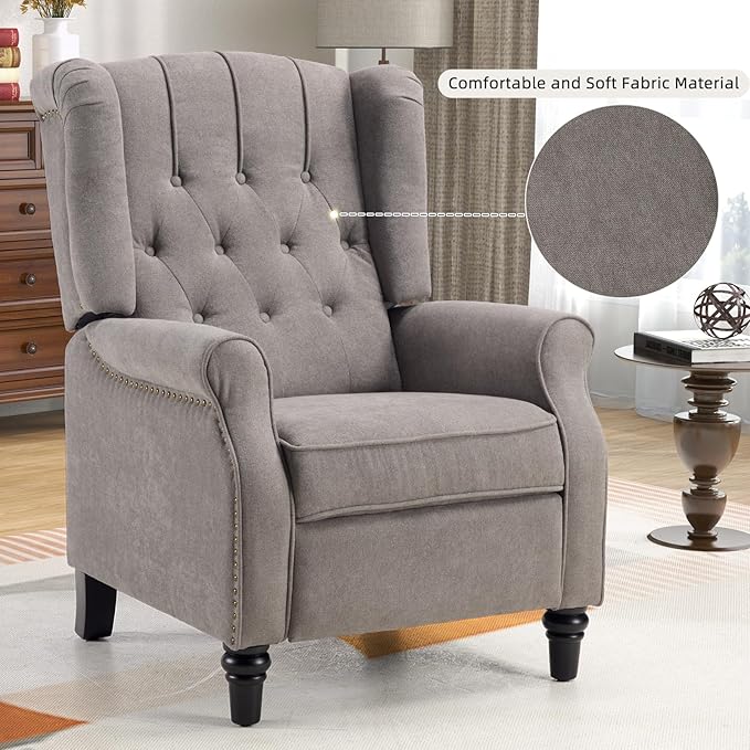 CANMOV Push Back Recliner Chair, Accent Chair,Mid Century Wingback Recliner, Fabric Push Back Recliner Chair Single Armchair Sofa with Rivet Decoration,Button-Tufted Back for Living Room, Grey
