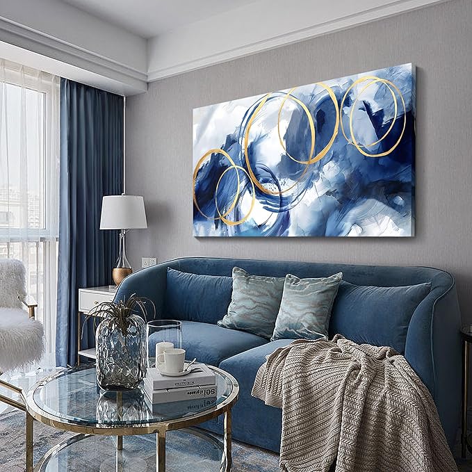 AJAZIKO Large Art For Wall Abstract Wall Decor Blue Modern Art Wall Decor Artwork For Walls Living Room Office Pictures For Wall Navy Gold Contempor Decorations For Bedroom Size 29x58