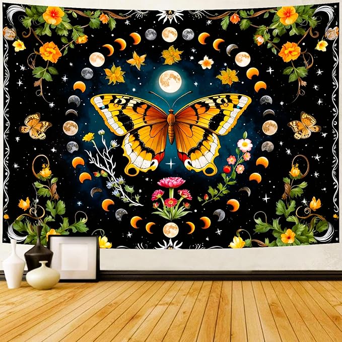 Delur Butterfly Moon Flower Tapestry Botanical Floral Plant Boho Tapestry Wall Hanging Mandala Aesthetic Mushroom Retro Vintage Headboard for Bedroom Living Room Home Decor (59.1" x 78.7")
