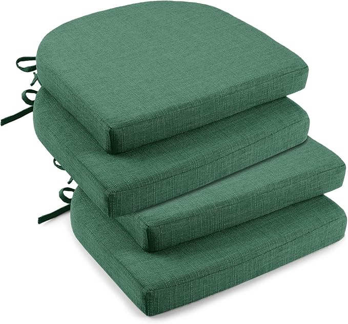 downluxe Indoor Chair Cushions for Dining Chairs, Soft and Comfortable Textured Memory Foam Kitchen Chair Pads with Ties and Non-Slip Backing, 16" x 16" x 2", Dark Green, 4 Pack