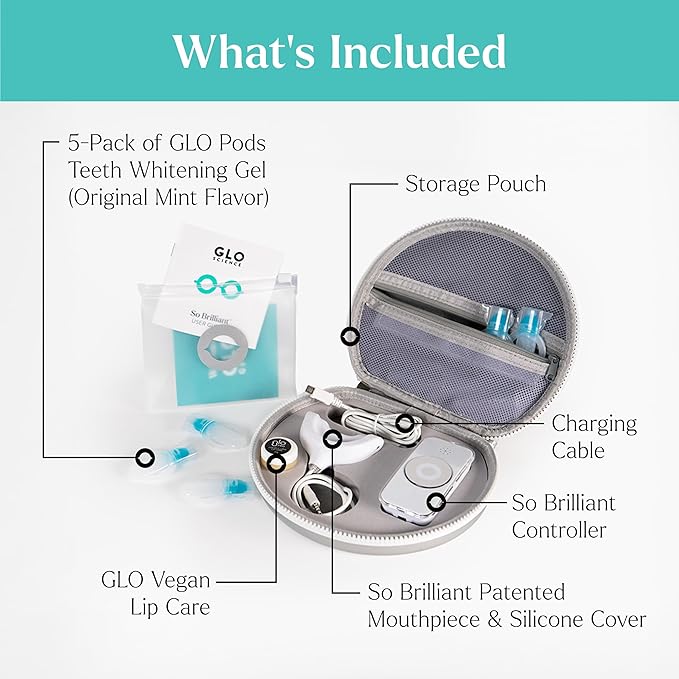 GLO Science So Brilliant Teeth Whitening Kit – Patented Warming Mouthpiece with LED Light Technology, Whitening Gel w/ 6% Hydrogen Peroxide, Lip Balm – Fastest Way to Whiter Teeth, Sensitivity Free