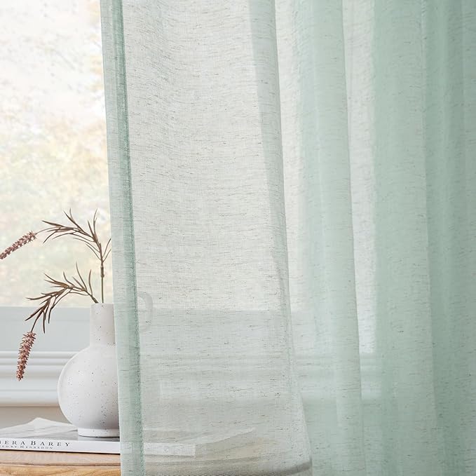 FMFUNCTEX Linen Sheer Curtains for Bedroom, Sage Green Curtains 63 Inch Length for Living Room, Farmhouse French Flax Blend Window Draperies, Rod Pocket 2 Panels Set